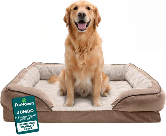 Memory Foam Dog Bed for Large Dogs W/ Removable Bolsters & Washable Cover, for Dogs up to 95 Lbs - Plush & Velvet Waves Perfect Comfort Sofa - Brownstone, Jumbo/Xl